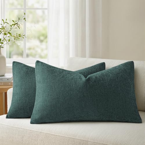 Image of a moment Pack of 2 Decorative Chenille Throw Pillow Covers with Twill Cushion Covers for Sofa Living Room Couch Bed 20x12 Inch Dark Teal
