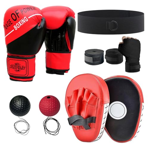 Almohadillas para Entrenamiento y 6 oz Guantes Boxeo Niño Set, Juego de Entrenamiento de Boxeo para con Pelotas de Boxeo Reflex Ball, niños de Boxeo Protector de la Mano para MMA Muay Thai Karate