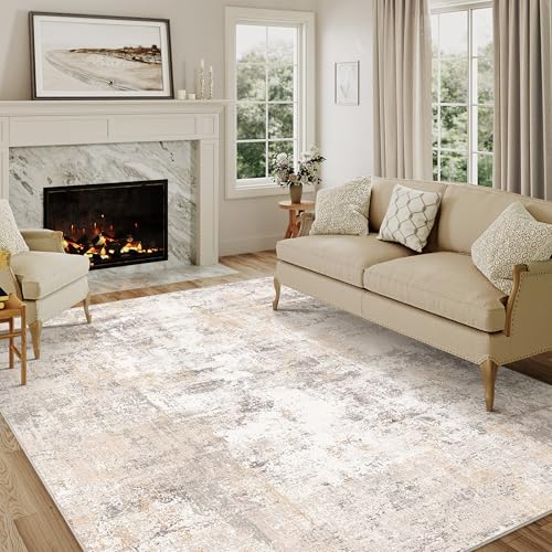 WondRg 5x7 Washable Area Rug Beige Grey Neutral Abstract Living Room Bedroom Throw Rug Non Slip Soft Low Pile Indoor Floor Carpet for Dining Room Kitchen Office Entryway Home