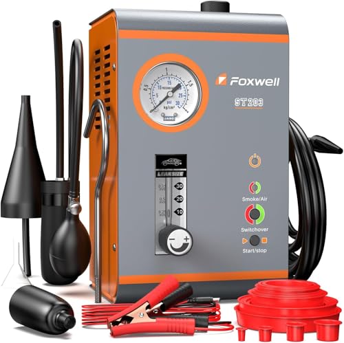 FOXWELL EVAP Nebelmaschine Kfz ST203 Professionelles Dual-Modi Rauchmaschine Kfz Lecksucher mit Druckanzeige & Durchflussanzeige für Echtzeit-Daten Luftpumpe 16L/Min Komplette Kit für 12V Fahrzeuge