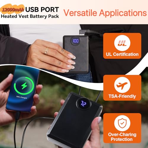 Image of 12000mAh Heated Vest Battery Pack,USB Power Bank Portable Dual Output Ports (not for 7.4V or 12V) with LED Display for Heating Jacket Hoodies Pants Heated Chair and Smart Device