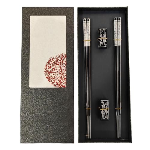 Guador, 2 paia di bacchette in acciaio inox, lavabili in lavastoviglie, con supporto, per chopsticks, per mangiare, sushi, bacchette cinesi, colore nero