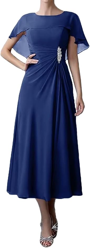 A-line Pleated Chiffon Formal Dress for Women, Scoop Neck Mother of The Bride Dress Sleeves Wedding Guest Dress