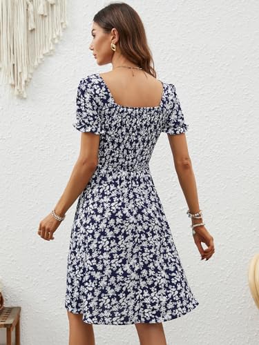 Image of Berydress Women's Summer Dresses 2026 Pockets Short Sleeve Square Neck Flowy A Line Casual Boho Smocked Mini Sun Dress