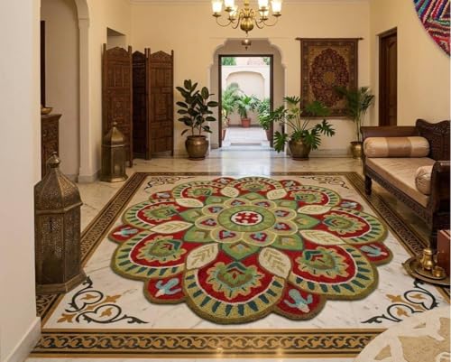 Image of Sifa Carpet Traditional Floral Round Area Rug - Hand-Tufted New Zealand Wool Circular Carpet for Dining Room & Bedroom Weight -10 Pund, Size-4x4 Feet (48x48 Inch Round)