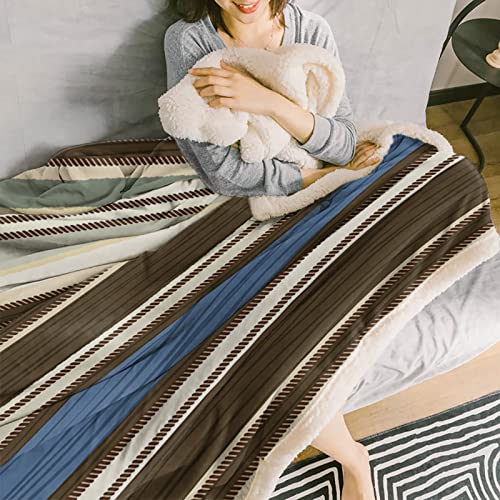 Pakiinno Sherpa Fleece Throw Blanket For Couch Navy Blue Brown Boho Stripes Art Style Reversible Fuzzy Fluffy Throws For Sofa- #TOP2