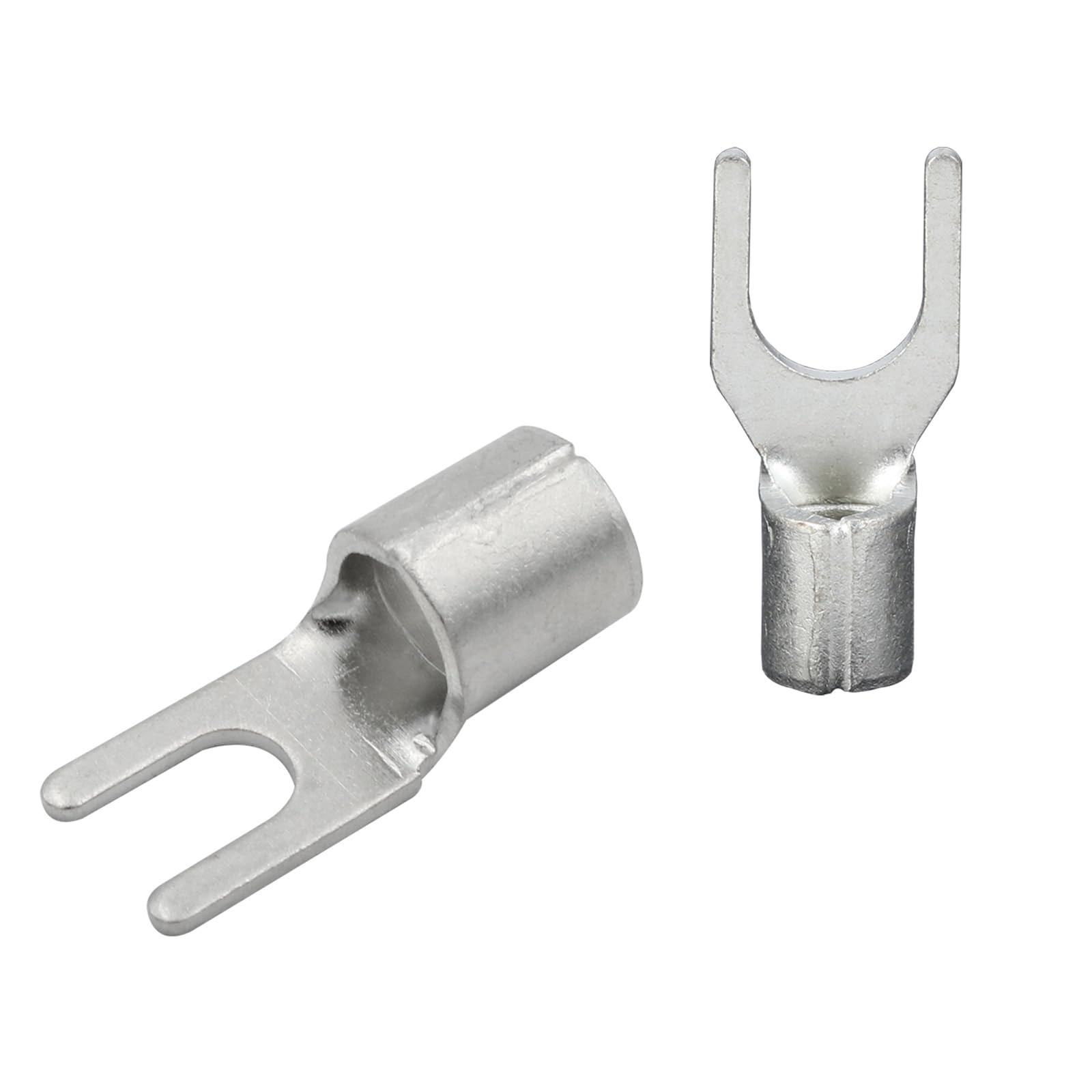 kuosbiu 100PCS Non Insulated Fork SpadeTerminals #4(M3) Stud Size U Type Connectors Tin-Plated Copper Fork Wire Connectors AWG 22-16 Connectors(