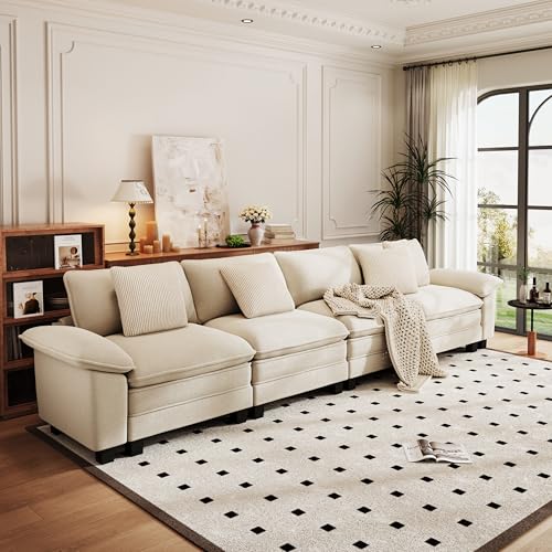 Image of PHI VILLA Cloud Modular Couches Sets, 157.5 inch Sectional Sofa with Upholstered Deep Seat, 4-Seater Long Couches for Living Room Apartment, Chenille Fabric, Beige