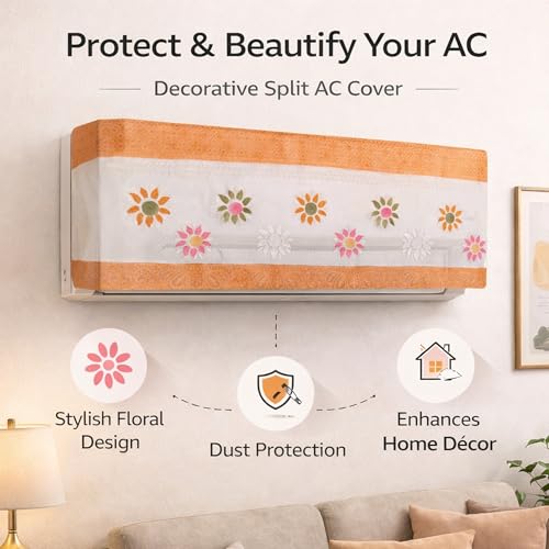 Image of Cotton Net Split AC Cover Indoor Unit for 2 Ton Capacity AC, Premium Work Indoor AC Dust Protection Cover Designer Summer Ac Cover for 2 Ton Ac (38 X 15.35 X 7.8 inch, Orange Flower)
