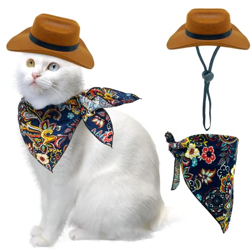 Kudes 2 Pieces Funny Pet Costume Accessories Set, Cat Small Dog Cowboy Hat With Adjustable Elastic Chin Strap And Bandana For Birthday Christmas Halloween Holiday Party Cosplay And Daily Wearing #TOP6