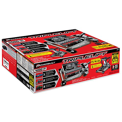 Image of Powerbuilt 2 Ton Triple Lift Floor Jack, Works on Cars, Trucks, Motorcycles, ATV's, Transmissions, 4-3 /4 to 17 in. Range, Wide and Stable, Locking Safety Bar - 620422E