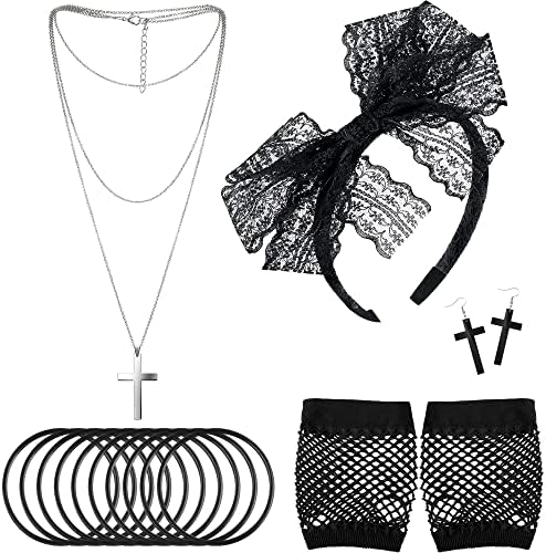 Juego De Accesorios De Encaje Negro Estilo 80 – Guantes, Pendientes, Collar Y Diadema Para Disfraces Y Fiestas Retro