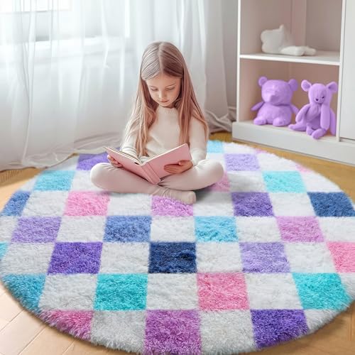 Image of KICMOR Purple Rainbow Round Rugs 5ft for Bedroom Living Room, Cute Fluffy Soft Circle Area Rug Fuzzy Shag Shaggy Carpet, Circular Checkered Rug for Teen Kids Girls Boys Nursery Home Decor Aesthetic