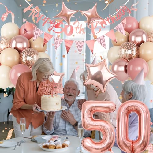 Image of Jobkoo 50th Birthday Decorations for Women, Retro Pink Beige Number 50 Balloon Set Happy 50th Birthday Banner Cake Topper Dusty Pink Beige Rosegold Star Balloons for Her 50 Year Old Bday Party Decor