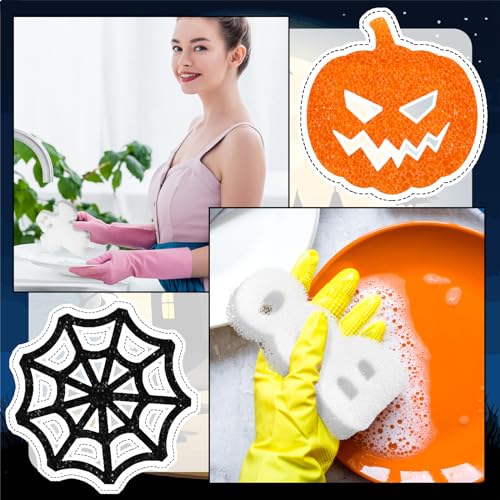 Image of 27 Pcs Halloween Cleaning Sponges Non Scratch Kitchen Scrub Sponges Pumpkin Bat Ghost Cat Spider Halloween Dish Sponge Temperature Sensitive Household Scrubber for Kitchen Dish Pots Pans