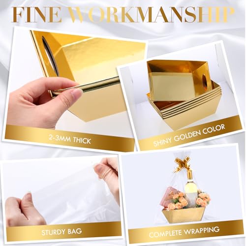 Image of Thenshop 44 Pcs Basket for Gifts Empty Gift Basket Bulk Include 12 Cardboard Tray 12 Plastic Bags and 20 Pull Bows for Christmas Fall Halloween Birthday Wedding Party DIY Wrapping(Solid,Gold)