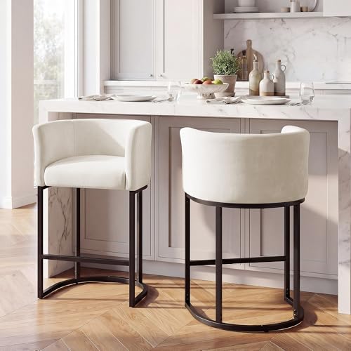 GRUSIGN Chenille Counter Height Bar Stools Set of 2 26 Kitchen Island Stools with Arms & Footrest Upholstered Barrel Back Bar Chairs for Kitchen Dining Room Bar & Lounge Area Off-White