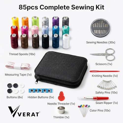 Image of 85 Pcs Sewing Kit with Box, Portable Sewing Supplies Set with 18 Thread Spools, Scissors, Needles, Tape Measure for DIY, Beginners, Adults, Emergency, Travel & Stitching Items Box for Home Ladies, Multipurpose, Travel