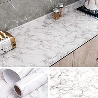 VEELIKE Sticky Back Plastic Roll Marble Wallpaper Self Adhesive Worktop Covering 40cm x 300cm Marble Effect Contact Paper White and Grey Washable Film for Kitchen Bedroom Living Room