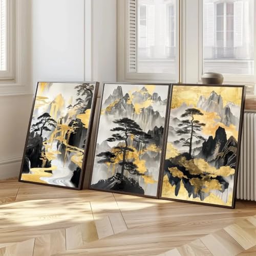 Peinture à l'encre de pins et affiches murales de montagne sur toile