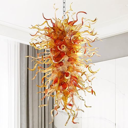Longree Hand Blown Glass Chandelier, Luxury Amber Lagre Size Pendant Island Light Fixture for Staircase, Hotel, Lobby, Hotel, Living Room 36" Dia x 70" H