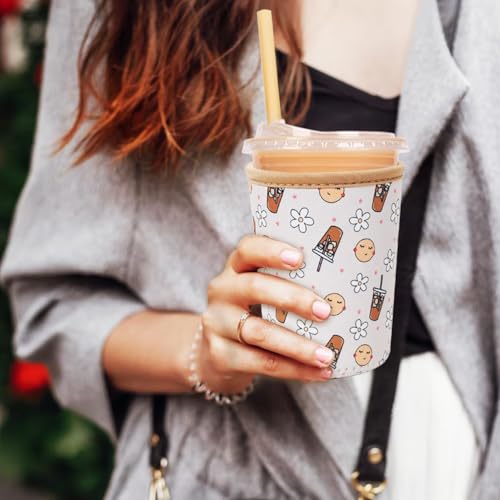 Image of Reusable Insulated Neoprene Iced Coffee Cup Sleeve, Durable Drink Sleeve for Cold Beverages, Beverage Holder for Iced Coffee, Beige Coffee