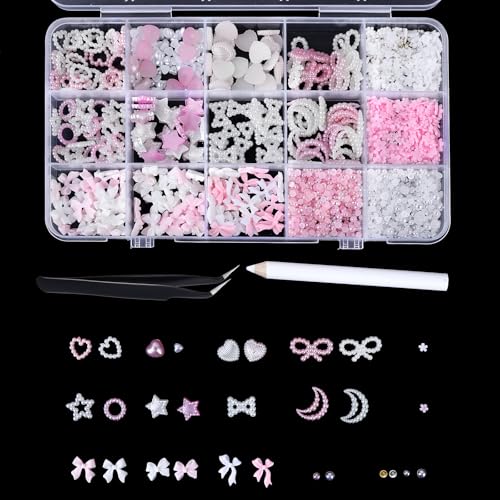 1000pcs 3D Bow Charms for Nails Assorted Nail Bows Flatback Pearl Heart Star Moon Bow Nail Charms Cute Nail Gems with Tweezer Picker Tools for Nail Decor(Pink)