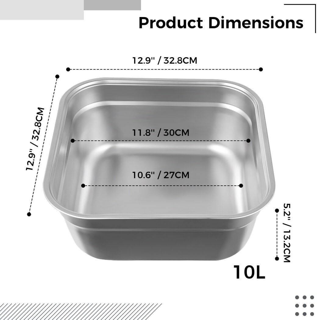 Bassine à Vaisselle Inox Carrée - Grand Récipient Cuisine Pour évier, Lavage Légumes, Durable Et Empilable