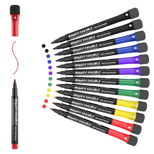 JOBONUS Magnetic Dry Erase Markers Fine: 12 Count 6 Colors Erasable Whiteboard Markers Fine Point with Eraser Cap, Low Odor White Board Dry Erase Pens Fine Tip for Kids & Teachers, Home, Office