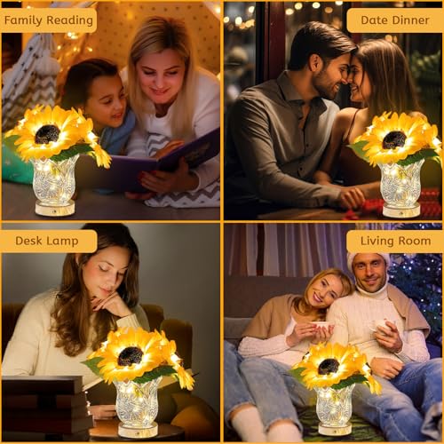 Image of Flower Desk Lamp, Sunflower USB Rechargeable Touch Stepless Dimming Table Lamp, LED Artificial Plants Flower with Vase Night Light, Glass Vase Lamp for Room Home Festival Decor (Sunflower - 3 Head)