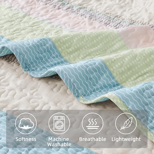 Image of Andency King Size Quilt Set Blue Pink, 3 Pieces Summer Ultra Soft Lightweight Bedspreads & Coverlets Set, Patchwork Striped Quilted Bedding Sets for All Seasons (1 Quilt, 2 Pillow Shams)