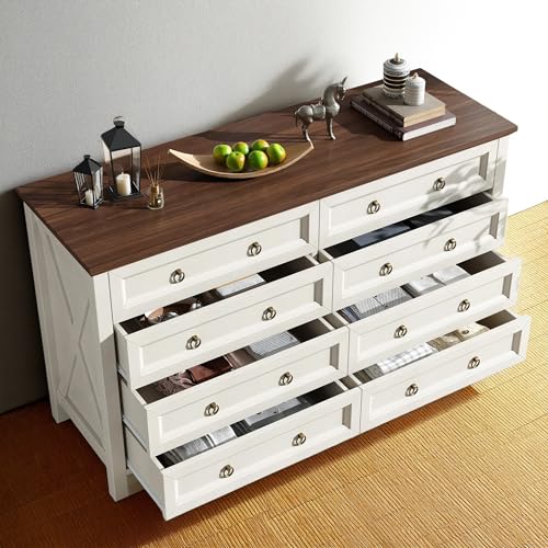 Cayipng Cajonera vintage con 6 cajones, 137 x 40 x 79,5 cm, cajonera de madera con tiradores de metal, cómoda para dormitorio, sala de estar, cajones, color blanco (Beige + 8 drawers)