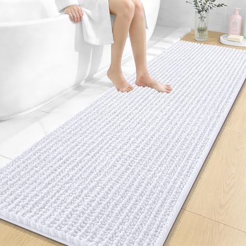 Image of OLANLY Long Bathroom Rugs Runner 70x24, Thick Soft and Absorbent Chenille Bath Mat, Non-Slip, Machine Washable Quick Dry Bath Rugs for Tub Shower Floor, Home Decor Accessories, White