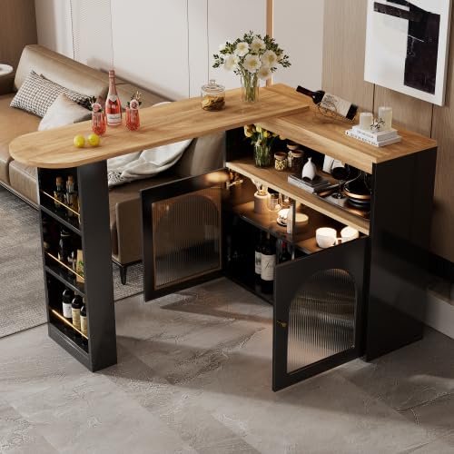 Merax Modern Extendable Kitchen Island Bar Table with LED Strip, Swivel Dining Table with Storage, Folding Kitchen Cabinet, Adjustable Light Colour, 138-193x39x105cm