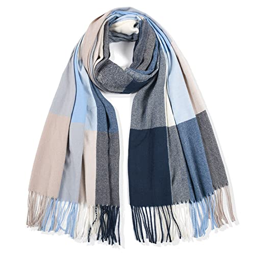 YOLAI Women's Tassel Plaid Scarf Thick Warm Shawl Winter Thermal Scarves (Blue, One Size)2