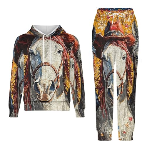 Boys Girls Pullover Hoodie and Pants Outfit 2PCS Set Sweatshirt for Kids, Western Cowboy Horse West Art4
