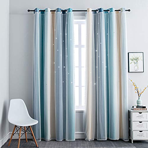 Image of FANLI Ombre Rainbow Blackout Curtains for Kid Girls Bedroom Living Room Darking Stripe Double Layer Star Cut Out Wall Home Decor Gradient Grommet Window Curtains (Blue/Yellow, 52W x 63L)