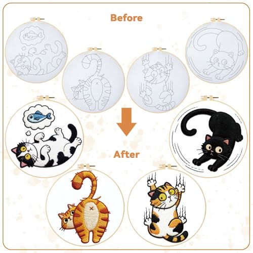 Image of BEUNITONE 4PCS Fun and Funny Cat Embroidery Kit for Beginners, Cute Pre-Print Cat Pattern Hand Embroidery Kits with Hoop and Instruction, DIY Needlepoint Craft Kit for Gifts and Home Decor