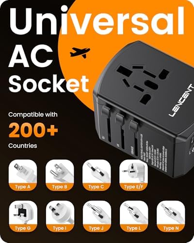 LENCENT Universal Travel Power Adapter, International AC Plug Adaptor with 2 USB C 2 USB A Ports Wall Charger Worldwide Travel Essentials for SG to US EU UK Ireland Australia (Type C/G/A/I) Black 6