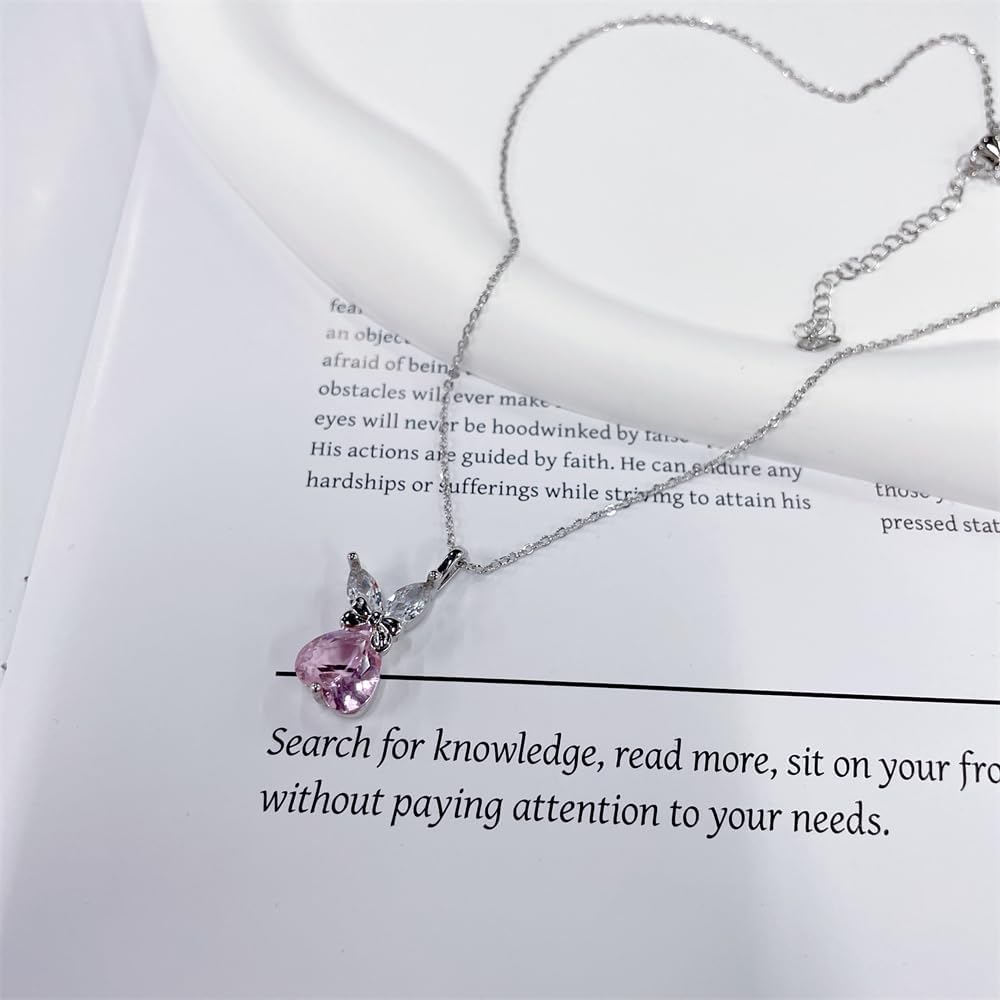 NewZenro Cute Rabbit Pink Heart CZ Pendant Necklace for Women Dainty Sterling Silver Plated Cubic Zirconia Bow Bunny Animal Adjustable Chain Choker Necklaces Delicate Easter Birthday Jewelry 17 inch - Image 4