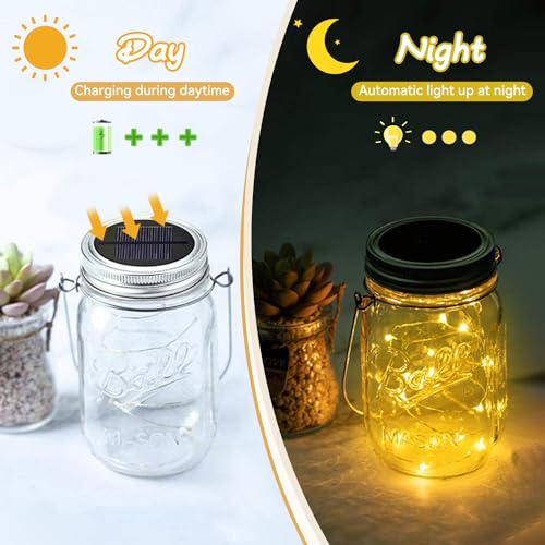 Dracarys Mason Jar Solar Light Lid - 6 Pack 20 LED Solar Fairy Lights for Mason Jars (NO Jars) - Outdoor Hanging Lights for Festival Garden Patio Party Decor LED Solar Mason Jar Lid – (Warm White) by Dracarys - Used condition - Image 2
