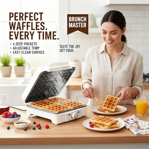 VINATO Waffle Maker, Macchina Waffle per 4 Waffel, 1200W Calore Rapido e Stabile, Piastra Waffle con Rivestimento Antiaderente Delle Piastre Riscaldanti, Regolazione Continua Della Temperatura, Bianco - immagine 3