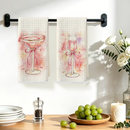 Image of 2 Pcs Pink Bow Kitchen Towels, Coquette Pink Reusable Dish Towels | Champagne Lover Gifts for Women Mom Friend, Waffle Weave Hand Cloth Tea Towel for Kitchen Bathroom Home Decor 24x14 Inch