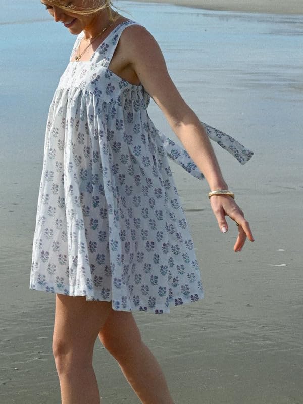 Image of Women Floral Tie Shoulder Mini Dress Cute Square Neck Loose Fit Beach Short Dress Backless Boho Vocation Sundress