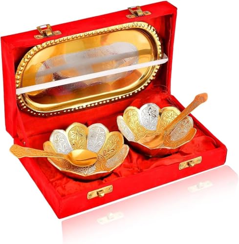 Image of White Metal Silver /Gold Plated Traditional Kamal Bowl Set - 5 Pieces, 30 Microliter