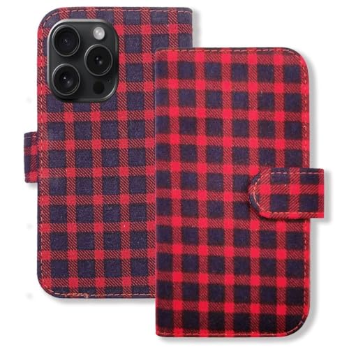 sslink iPhone15 Pro 互換ケース 手帳型 ケース 生地 布 (チェック01) チェック柄 千鳥柄 ファブリック PUレザー 合皮 ダイアリータイプ 横開き カード収納 スタンド機能 フリップ カバー