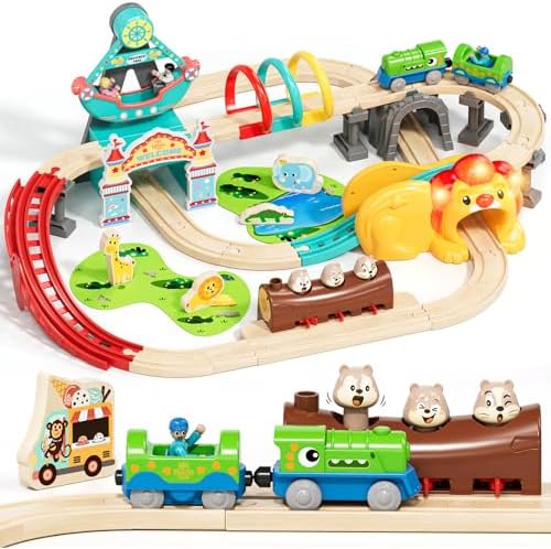 Lehoo Castle Wooden Train, Dinosaur Locomotive, Amusement Park, Wooden Railway Children with Lion Tunnel, Wooden Train Accessories, Wooden Toy for Children from 3 Years