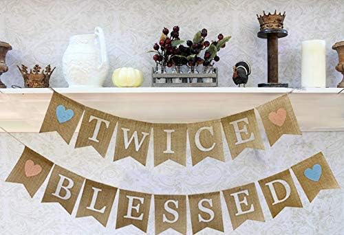Miniatura 5 de Cartel rústico de arpillera dos veces bendecido, suministros y decoraciones de fiesta de revelación de género para gemelos, accesorios para fotos de