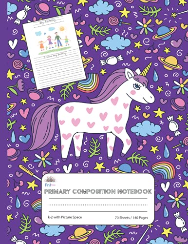 Primary Composition Notebook k-2 with Picture Space: Primary Composition Drawing | Half Ruled | Picture Box | Story Journal | Unicorn | 140 Pages
