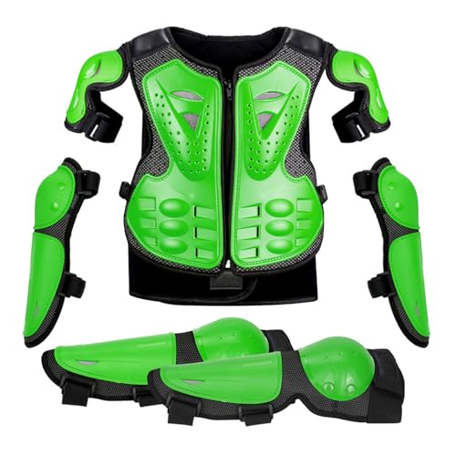 Traje de moto para niños, chaleco de motocross con rodilleras y coderas, chaqueta de protección para la columna vertebral y el pecho para niños de 4 a 14 años, ideal para patinaje,Green One Size